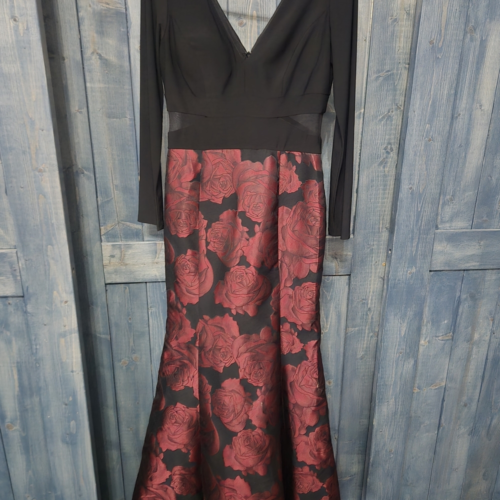 Xscape Black and Red Rose Long Sleeve Dress